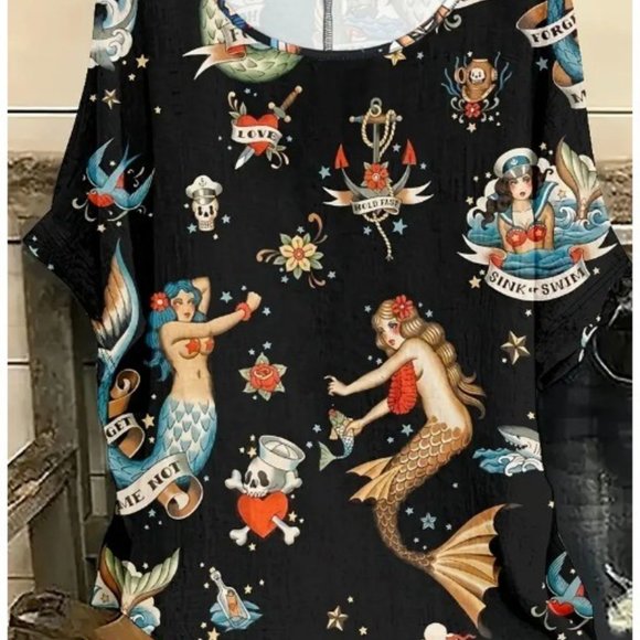 MERMAID print Short Sleeve Graphic T-Shirt  NEW Boutique - Picture 1 of 3